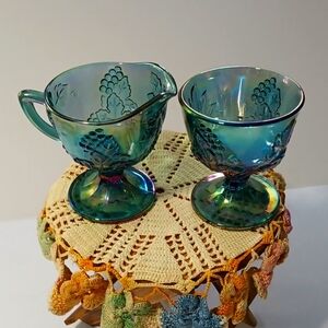 Blue Carnival Glass Vintage Creamer & Sugar Set Made By Indiana Glass Company